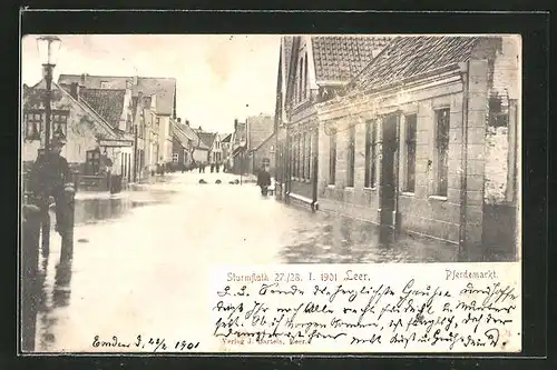 AK Leer, Pferdemarkt während der Sturmflut 27. / 28. I. 1901