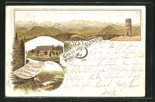 Vorläufer-Lithographie Feldberg, Panorama mit Hotel Feldberger Hof und Feldbergsee, 1893