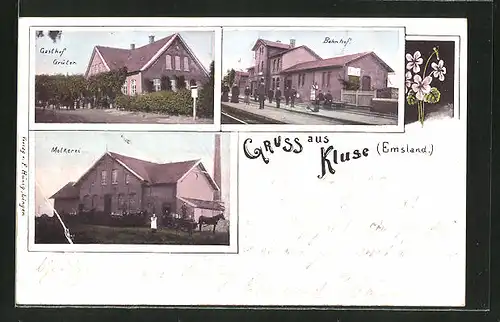 AK Kluse, Gasthof Grüter, Bahnhof und Molkerei