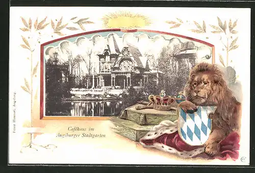Passepartout-Lithographie Augsburg, Caféhaus im Augsburger Stadtgarten, Löwe mit Wappen