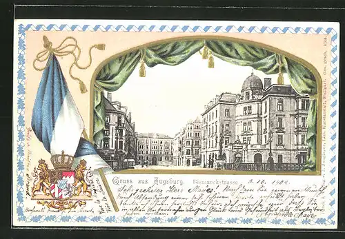 Passepartout-Lithographie Augsburg, Teilansicht mit Bismarckstrasse, Wappen und Fahne