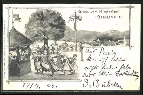 Lithographie Geislingen, Kinder tanzen Ringelreihen auf dem Kinderfest