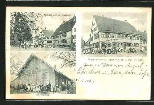 AK Welzheim, Brauerei zum roten Ochsen, Marktplatz mit Rathaus, Gasthaus zum Burgkeller