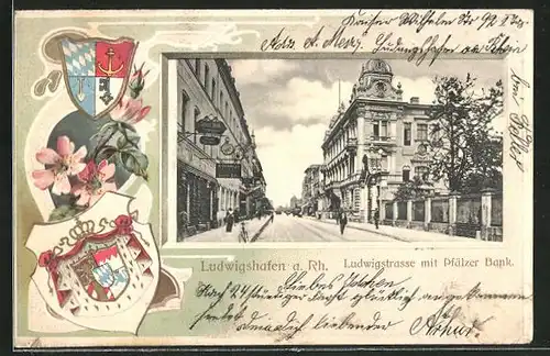 Passepartout-Lithographie Ludwigshafen, Ludwigstrasse mit Pfälzer Bank, Wappen