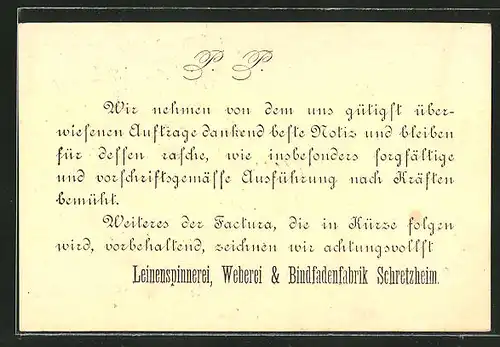 Vorläufer-AK Schretzheim, 1882, Leinenspinnerei, Weberei und Bindfadenfabrik Schretzheim