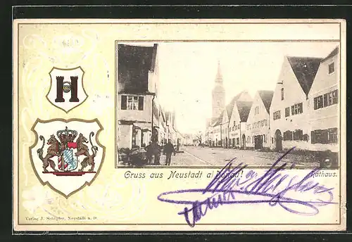 Passepartout-Lithographie Neustadt / Donau, Partie am Rathaus, Wappen