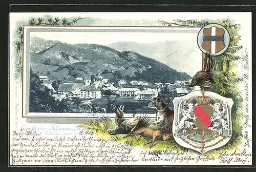 Passepartout-Lithographie Schönau im Wiesental, Panorama und Wappen