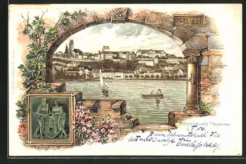 Passepartout-Lithographie Meersburg /Bodensee, Totalansicht und Wappen