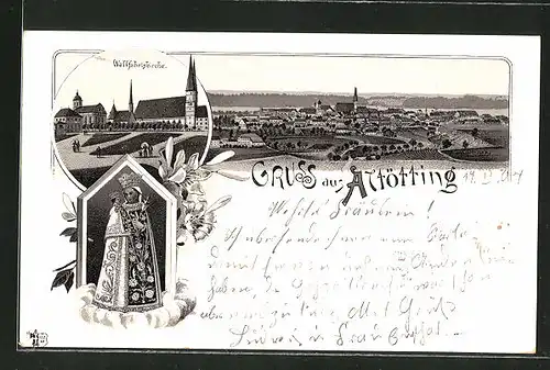 Lithographie Altötting, Panorama, Wallfahrtskirche