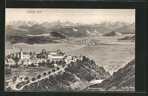 Künstler-AK Eugen Felle: Leutkirch, Panorama mit Schloss Zeil