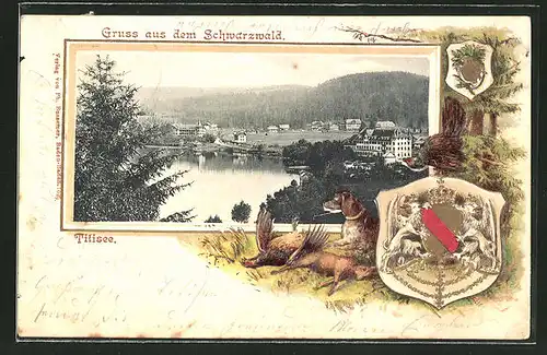 Passepartout-Lithographie Titisee, Totalansicht und Wappen