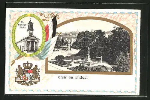 Passepartout-Lithographie Ansbach, Ortsansicht, St. Ludwigs-Kirche, Wappen