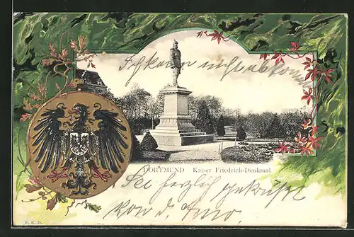 Passepartout-Lithographie Dortmund, Kaiser Friedrich-Denkmal und Wappen