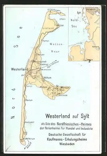 AK Westerland / Sylt, Inselkarte mit Keitum, Wenningstedt & Rantum