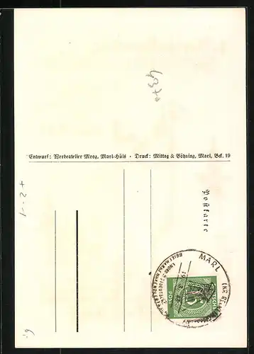 AK Marl, Loemühle, 1. Nordwestdeutsche Briefmarken-Händler-Tagung 1947, Postbote mit Horn