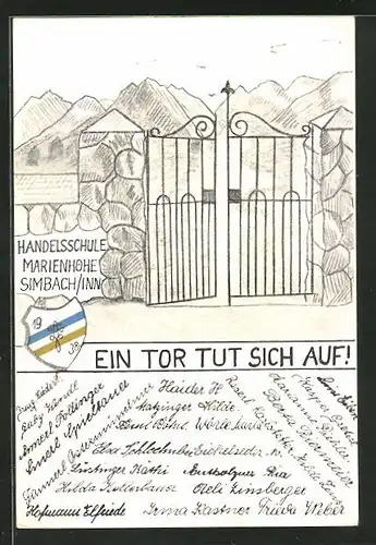 AK Simbach / Inn, Absolvia 1938, Handelsschule Marienhöhe mit Wappen