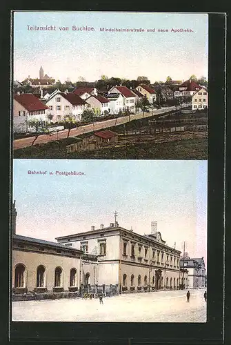 AK Buchloe, Bahnhof und Postgebäude, Mindelheimerstrasse und neue Apotheke