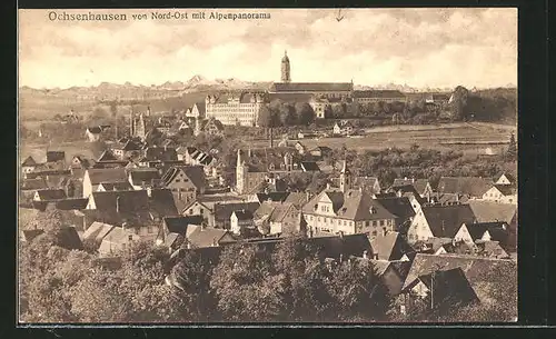 AK Ochsenhausen, Ortspanorama mit Alpenblick