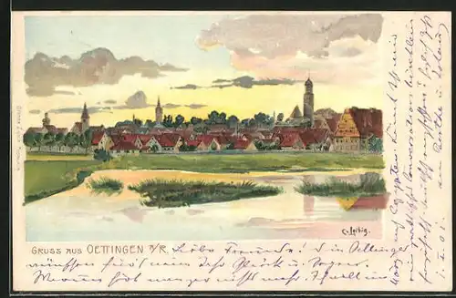 Lithographie Oettingen, Ortsansicht mit Kirchturm