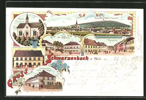 Lithographie Schwarzenbach a. Wald, Gasthaus zum roten Ochsen, Gasthaus zum weissen Lamm, Marktplatz, Kapelle