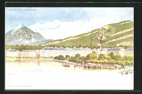 Lithographie Killinger Nr. 94: Geneve, Ortsansicht mit Montblanc, Berg mit Gesicht / Berggesichter