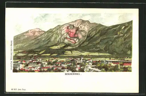 Lithographie Bad Reichenhall, Ortsansicht mit Bergen, Berg mit Gesicht / Berggesichter
