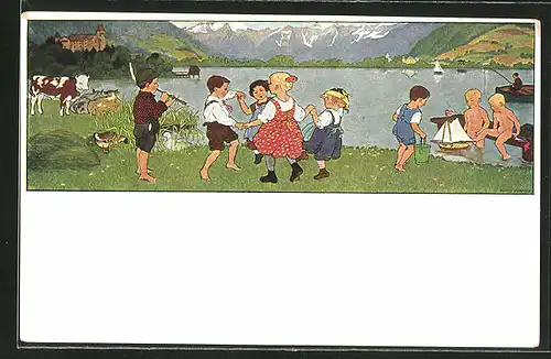 Künstler-AK Gertrud Caspari: Frühlingsluft 7 /138, Kinder an Badesee