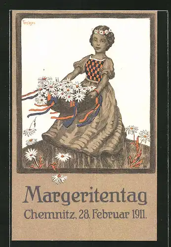 Künstler-AK Chemnitz, Margeritentag 1911, Mädchen mit Korb voller Margeriten