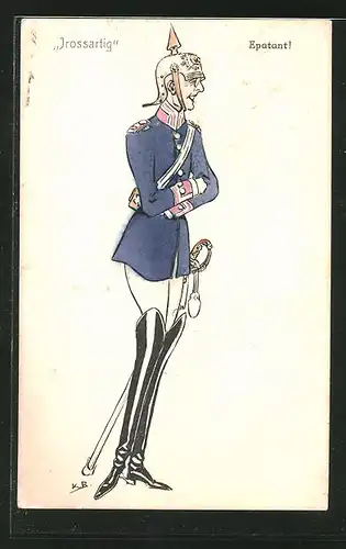 AK Karikatur eines Uniformierten mit Pickelhaube