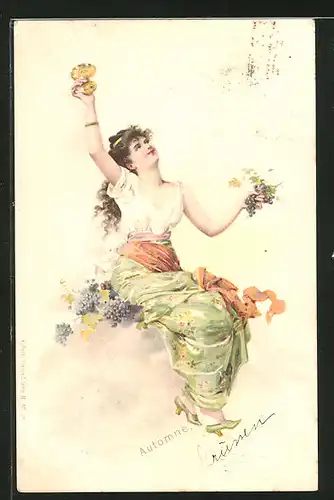 AK Allegorie des Herbstes, Junge Frau mit reifen Trauben in der Hand