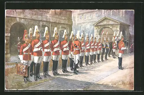 Künstler-AK Harry Payne: 1st Life Guards, Four o'clock Parade at Horse Guards, britische Leibgarde