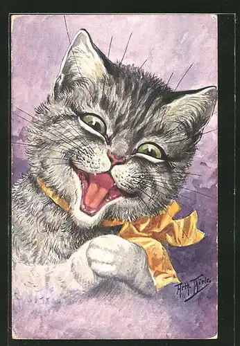 Künstler-AK Arthur Thiele: Lachende Katze mit gelber Schleife um den Hals, vermenschlichte Tiere
