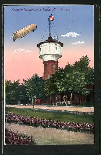 AK Lockstedt, Zeppelin am Wasserturm auf dem Truppen-Übungsplatz