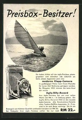 AK Reklame für Fotoapparat Agfa-Billy Record, Segelboot kreuzt gegen den Wind