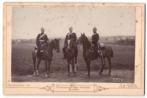 Fotografie H. A. Günther, Celle, Munster, Ansicht Munster, Truppen-Uebungsplatz, Artilleristen mit Pickelhaube zu Pferd