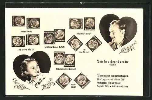 AK Briefmarkensprache, Verliebtes Paar im Herz-Rahmen, Briefmarken in versch. Anordnungen