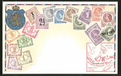 AK Briefmarken, Landkarte von Niederländisch-Indien, Wappen