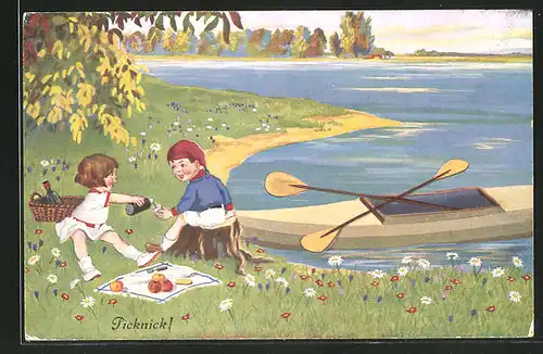 AK "Picknick", Kinder bei einem Picknick am See mit Ruderboot