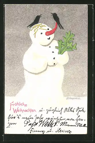 Künstler-AK Gertrud Caspari: Raben sitzen auf einem Schneemann mit Tannenzweigen