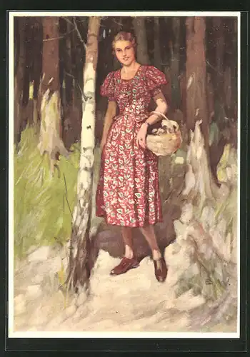 Künstler-AK Brynolf Wennerberg: Reklame für Indanthren, Frau im roten Kleid beim Pilze sammeln im Wald