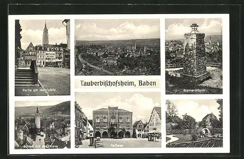 AK Tauberbischofsheim, Marktplatz, Bismarckturm, Rathaus