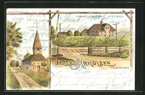 Lithographie Arholzen, Gasthaus "Zum Bahnhof", Kirche