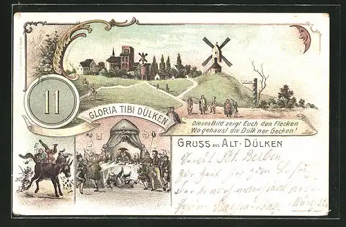 Lithographie Alt-Dülken, Ortsansicht mit Windmühle, Gloria Tibi Dülken