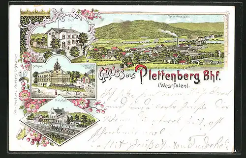 Lithographie Plettenberg / Westfalen, Totalansicht, Bahnhof, Schule