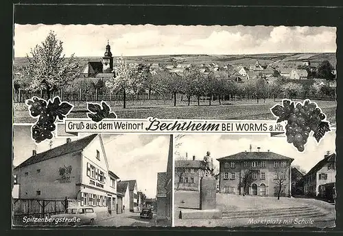 AK Bechtheim a. Rhein, Totalansicht, Gasthaus zur Krone in der Spitzbergstrasse, Marktplatz mit Schule