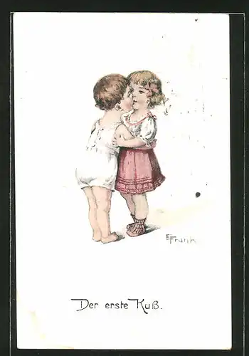 Künstler-AK Elly Frank: "Der erste Kuss.", Kinderpaar hat seinen ersten Kuss