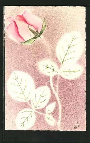 Präge-Airbrush-AK Rose mit Blättern, Airbrush