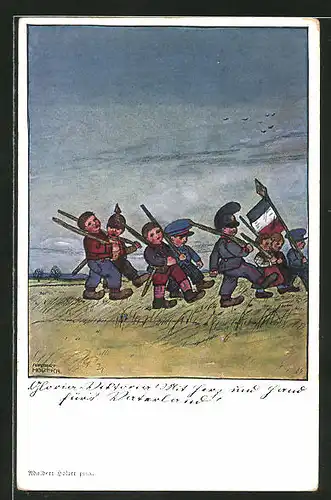 Künstler-AK Adalbert Holzer: Der Deutsche Kampf 1914, Kindersoldaten ziehen in den Krieg