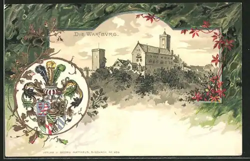 Präge-Lithographie Die Wartburg, Totale und Wappen