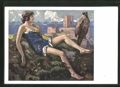 Künstler-AK Ernst Liebermann: halbnackte Frau mit Adler auf einem Berg